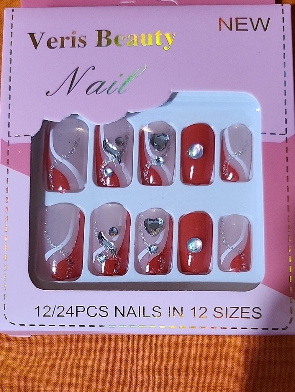 Veris beauty nail 12pcs red swirl with gems